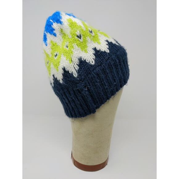 Land's End 100% Acrylic Beanie Hat Blue Size M-L Striped Diamond Pattern - Picture 5 of 10